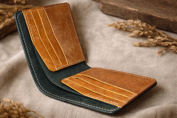 Детайл на кожен портфейл естествена кожа