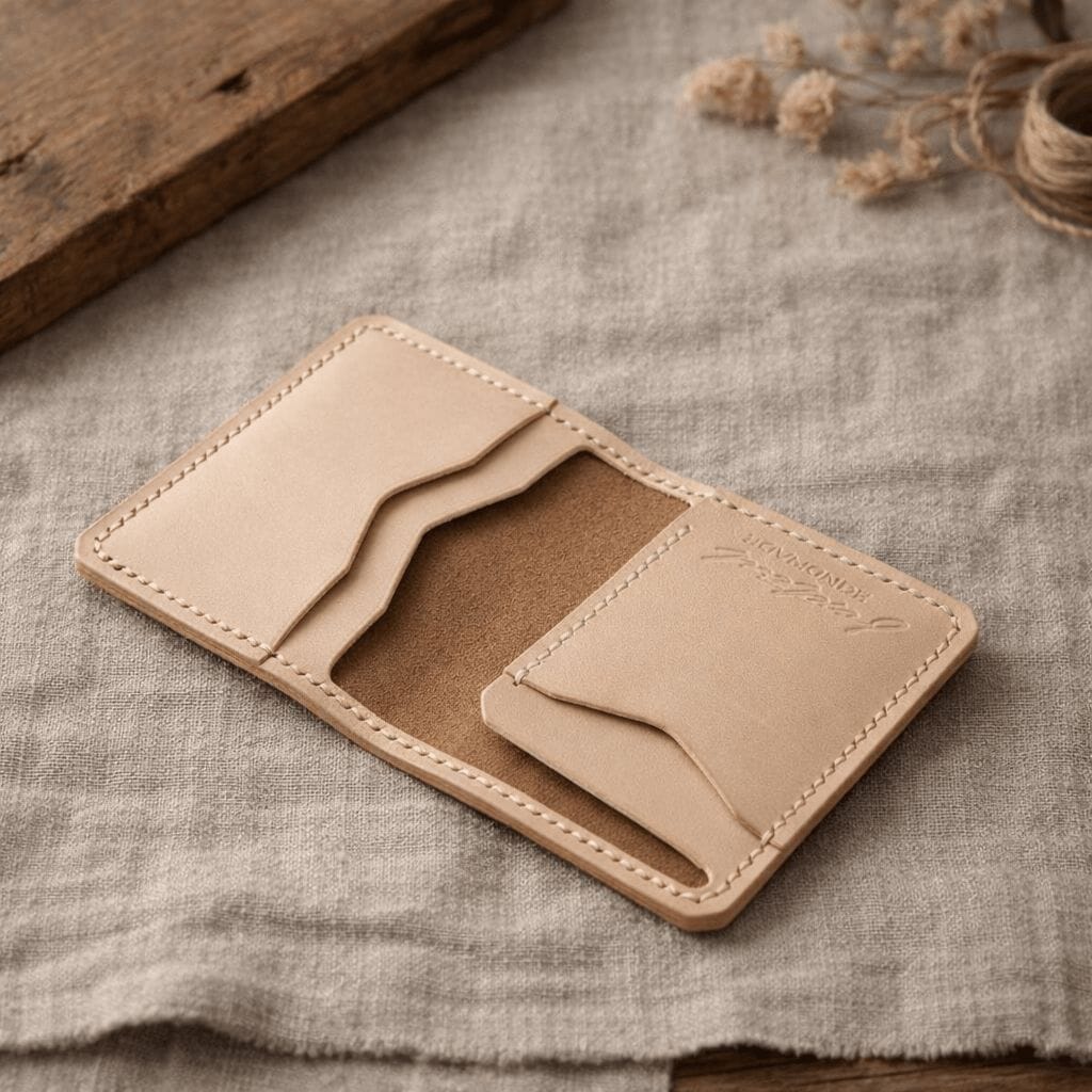 Кожен картодържател бежов от телешка кожа – ръчна изработка, Foxtail Leather Goods