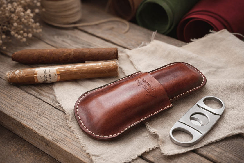 CigarVault кожен калъф за две пури затворен – резачка, Full Grain кожа, лого Handmade