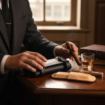 CigarVault кожен калъф за пури – мъж с пура и уиски, луксозен подарък за ценител