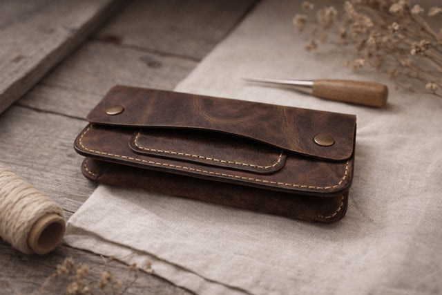 Дамски клъч портфейл Elite Compact кафяв затворен – тик-так копчета, седларски шев, занаятчийска атмосфера