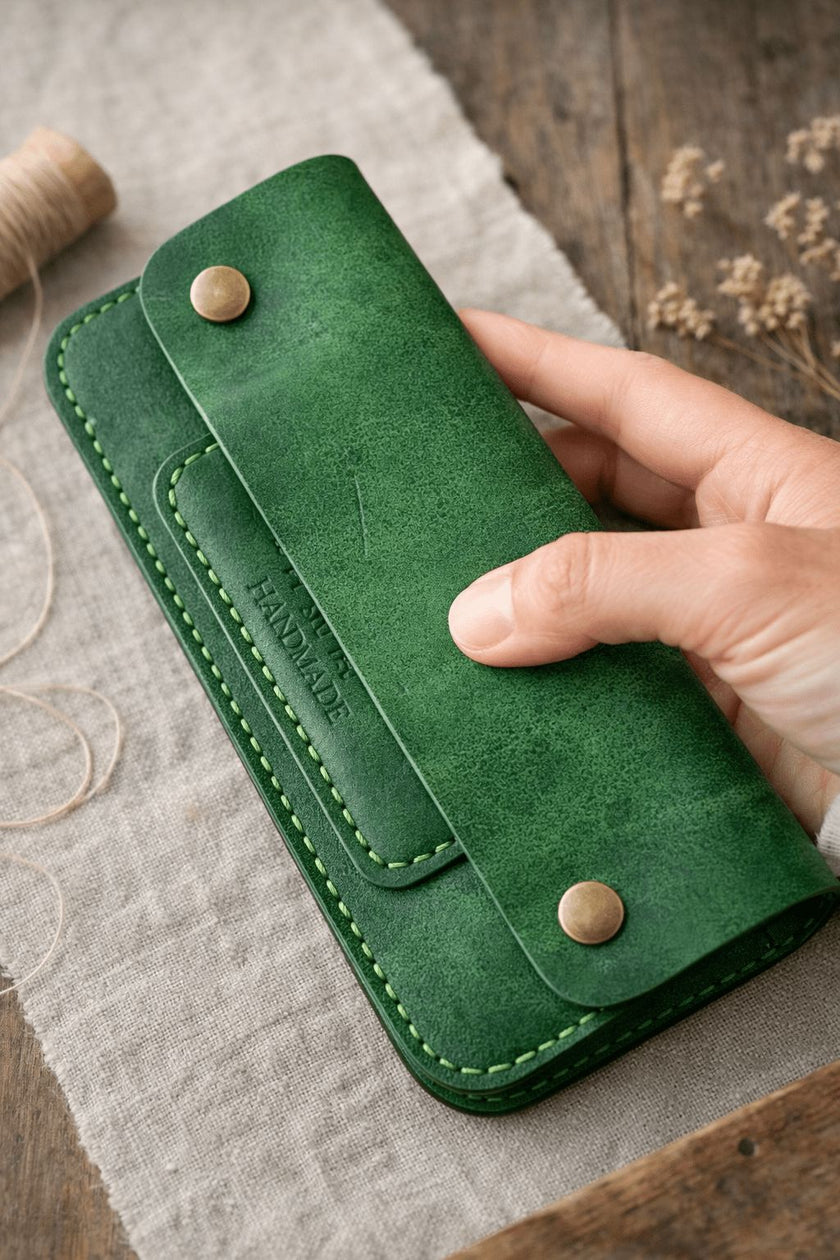 Клъч портфейл Elite Compact зелен естествена кожа