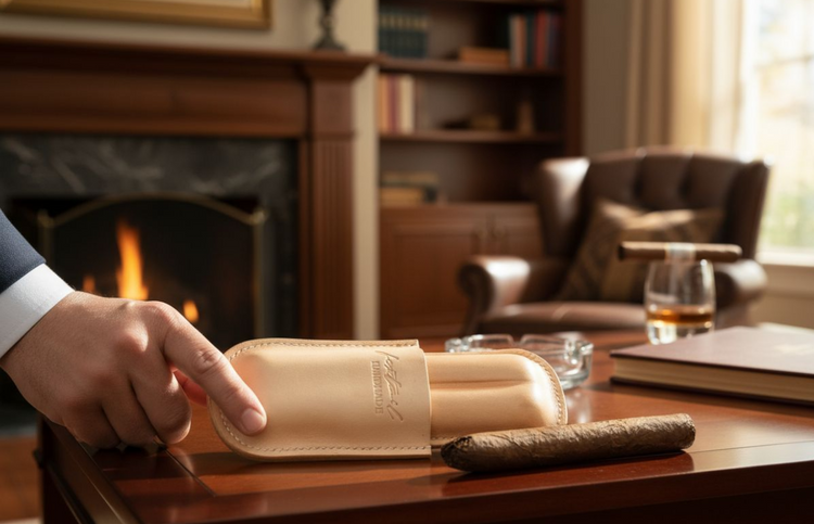 Луксозен кожен калъф за пури, подходящ като подарък за мъже, обичащи естествена кожа и ръчно изработени аксесоари.