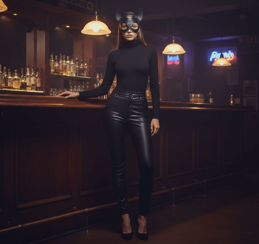 Маска на котка от естествена кожа носена в бар черен outfit цял ръст