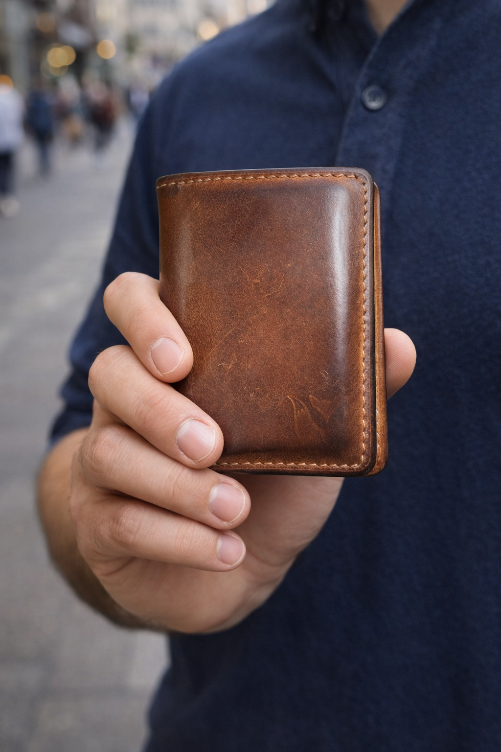 Мъжки портфейл от естествена vegetan кожа с патина — full grain leather, ръчна изработка